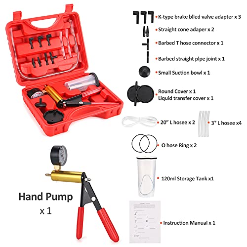 HTOMT 2 in 1 Brake Bleeder Kit Hand held Vacuum Pump Test Set for Automotive with Protected Case,Adapters,One-Man Brake and Clutch Bleeding System