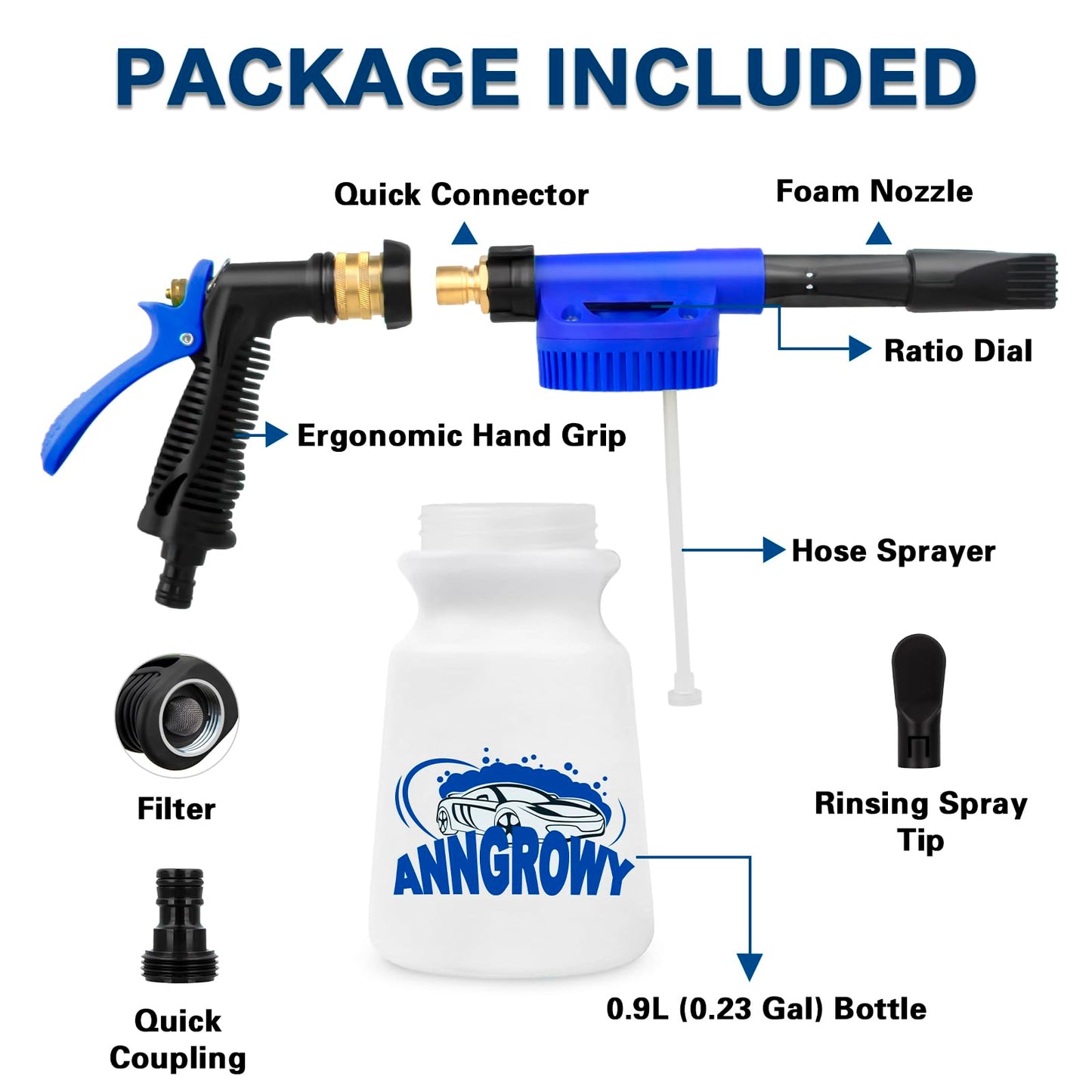 anngrowy Car Wash Foam Gun Foam Cannon Garden Hose Spray Foam Gun Soap Car Wash Foam Cannon Blaster for Hose Car Washing Soap Gun Adjustable Foaming Car Wash Sprayer Quick Connector to Any Garden Hose