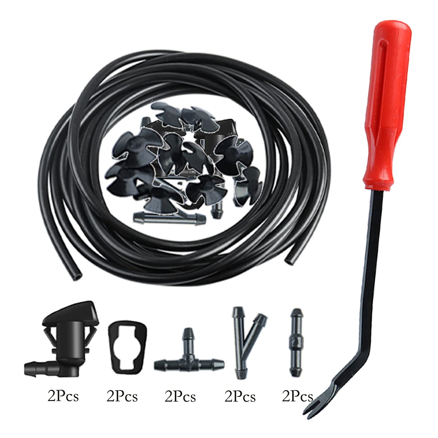 Windshield Washer Nozzles Hose Kit Compatible with Grand Cherokee Include 2 pcs Sprayer Nozzle&Gasket,4M Fluid Hose,12 pcs Hose Connectors,10 pcs Hood Retainers,1 Tool (90 degree washer nozzles)