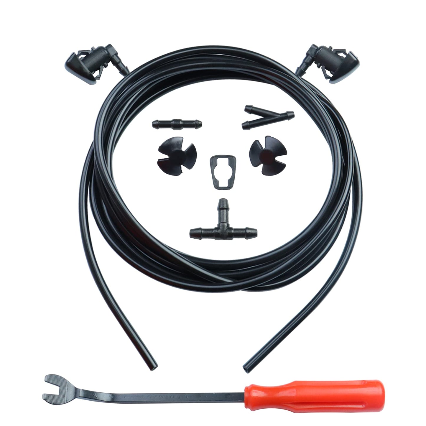 Windshield Washer Nozzles Hose Kit Compatible with Grand Cherokee Include 2 pcs Sprayer Nozzle&Gasket,4M Fluid Hose,12 pcs Hose Connectors,10 pcs Hood Retainers,1 Tool (90 degree washer nozzles)