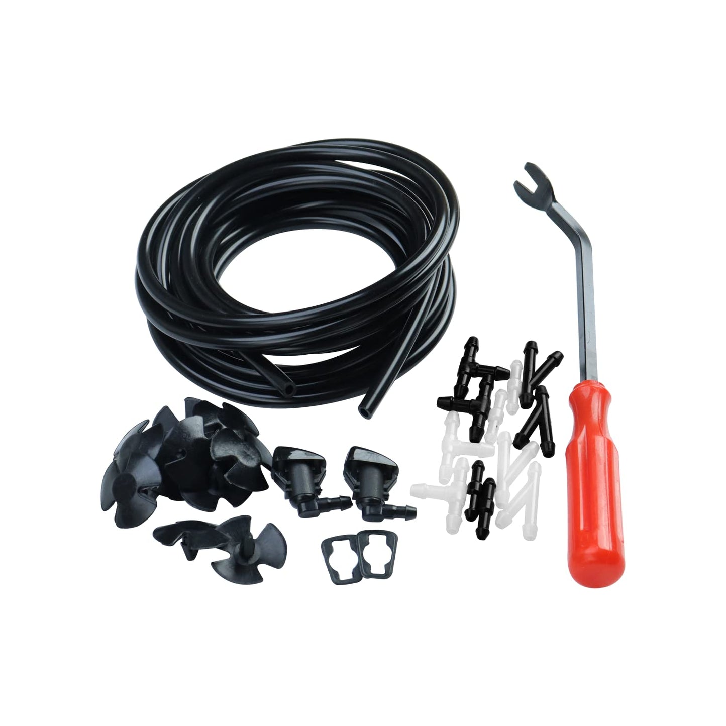 Windshield Washer Nozzles Hose Kit Compatible with Grand Cherokee Include 2 pcs Sprayer Nozzle&Gasket,4M Fluid Hose,12 pcs Hose Connectors,10 pcs Hood Retainers,1 Tool (90 degree washer nozzles)