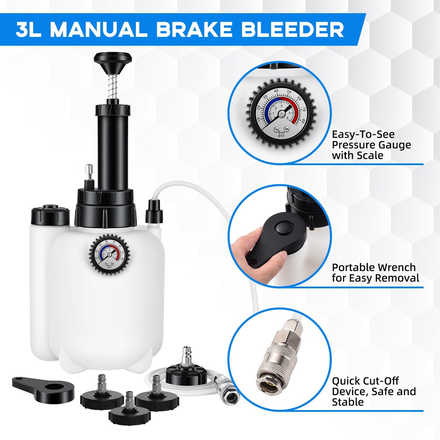 Reniteco 3L Brake Bleed Kit Manual Brake Bleed Fluid Pump One Person Brake Bleed Vacuum Pump Kit with 1L Brake Fluid Bleed Bottle and 4 Master Cylinder Adapters