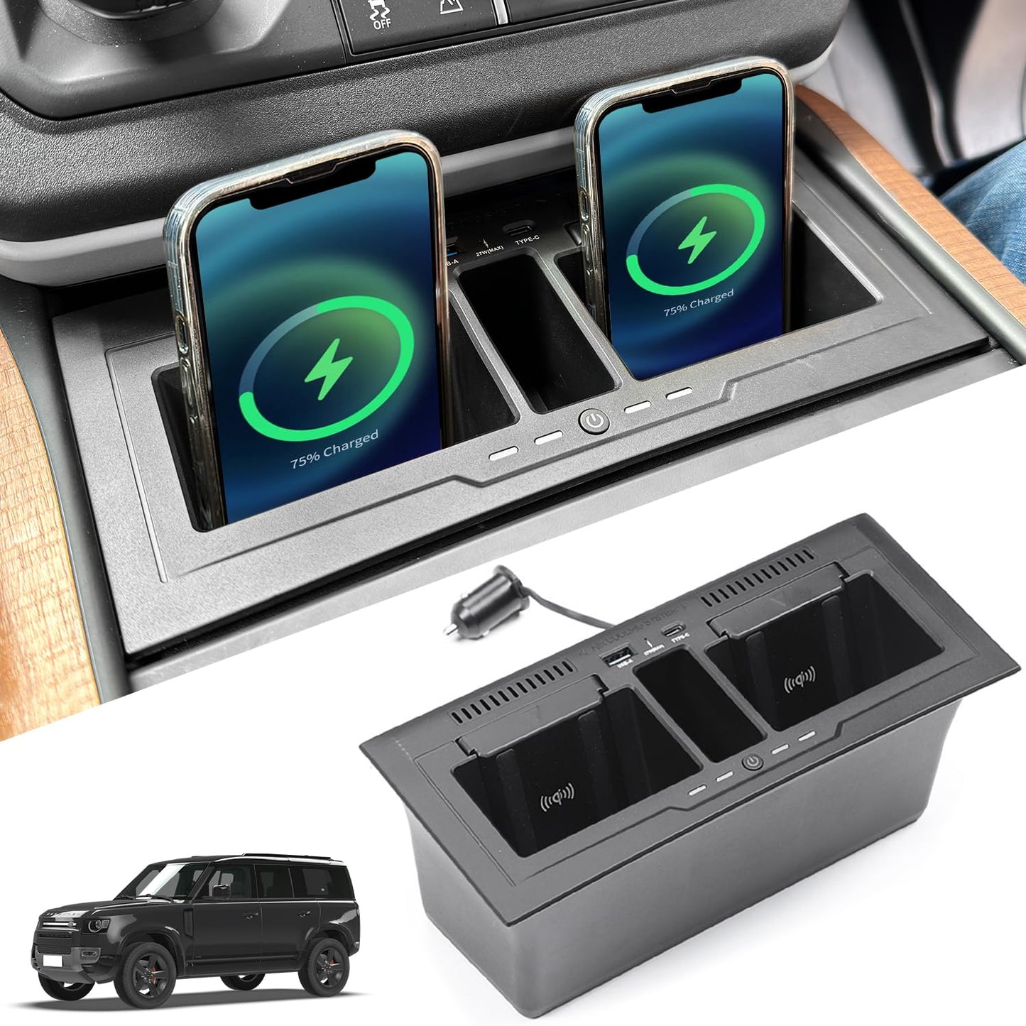 Dual Wireless Car Charger Compatible with 2020-2025 Land Rover Defender 90 110 130 15W Dual Wireless Fast Charging Smartphone Charger Tray with 27W USB & Type-C Center Console Accessories