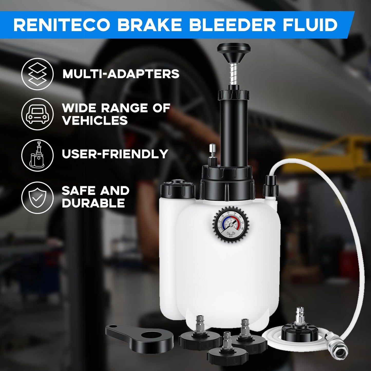 Reniteco 3L Brake Bleed Kit Manual Brake Bleed Fluid Pump One Person Brake Bleed Vacuum Pump Kit with 1L Brake Fluid Bleed Bottle and 4 Master Cylinder Adapters