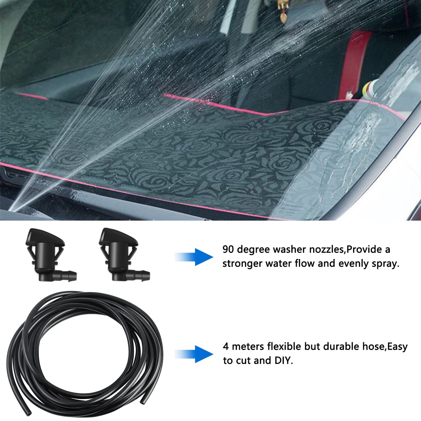 Windshield Washer Nozzles Hose Kit Compatible with Grand Cherokee Include 2 pcs Sprayer Nozzle&Gasket,4M Fluid Hose,12 pcs Hose Connectors,10 pcs Hood Retainers,1 Tool (90 degree washer nozzles)