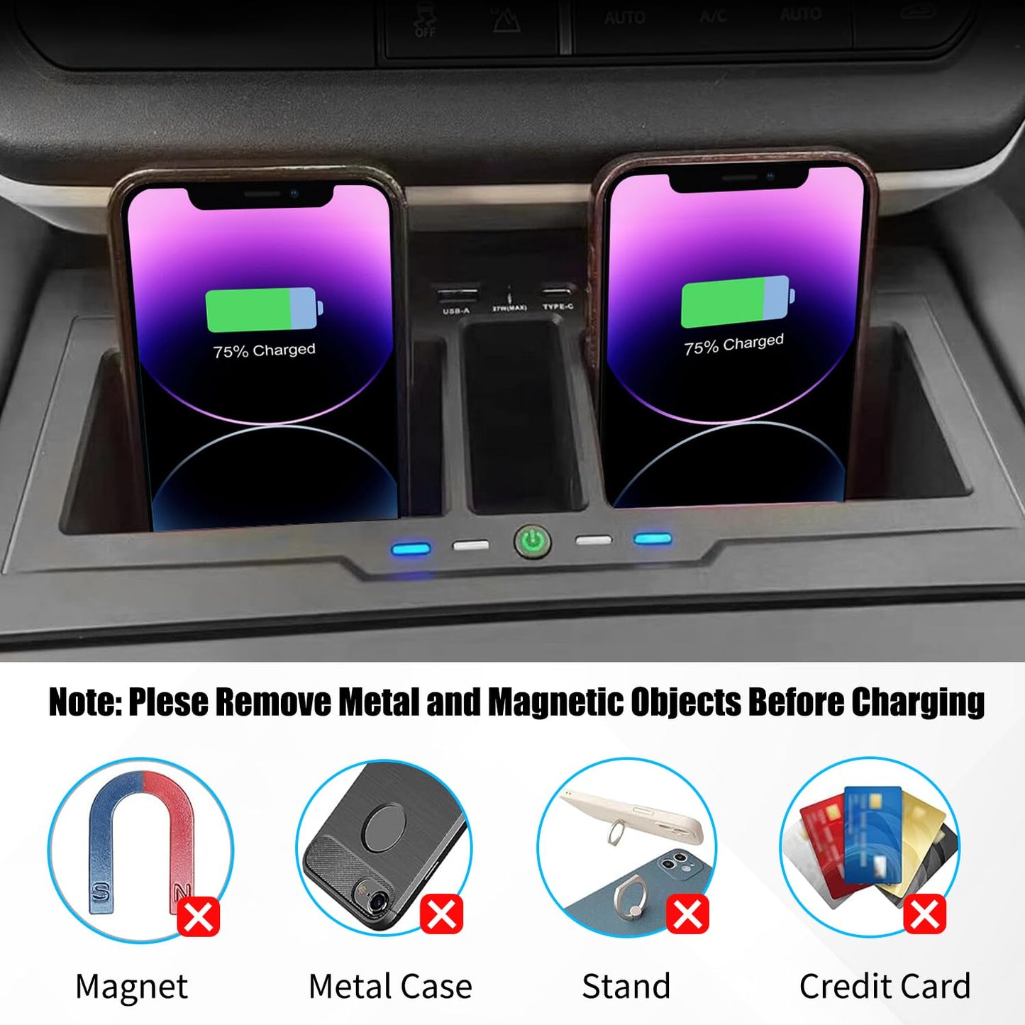 Dual Wireless Car Charger Compatible with 2020-2025 Land Rover Defender 90 110 130 15W Dual Wireless Fast Charging Smartphone Charger Tray with 27W USB & Type-C Center Console Accessories