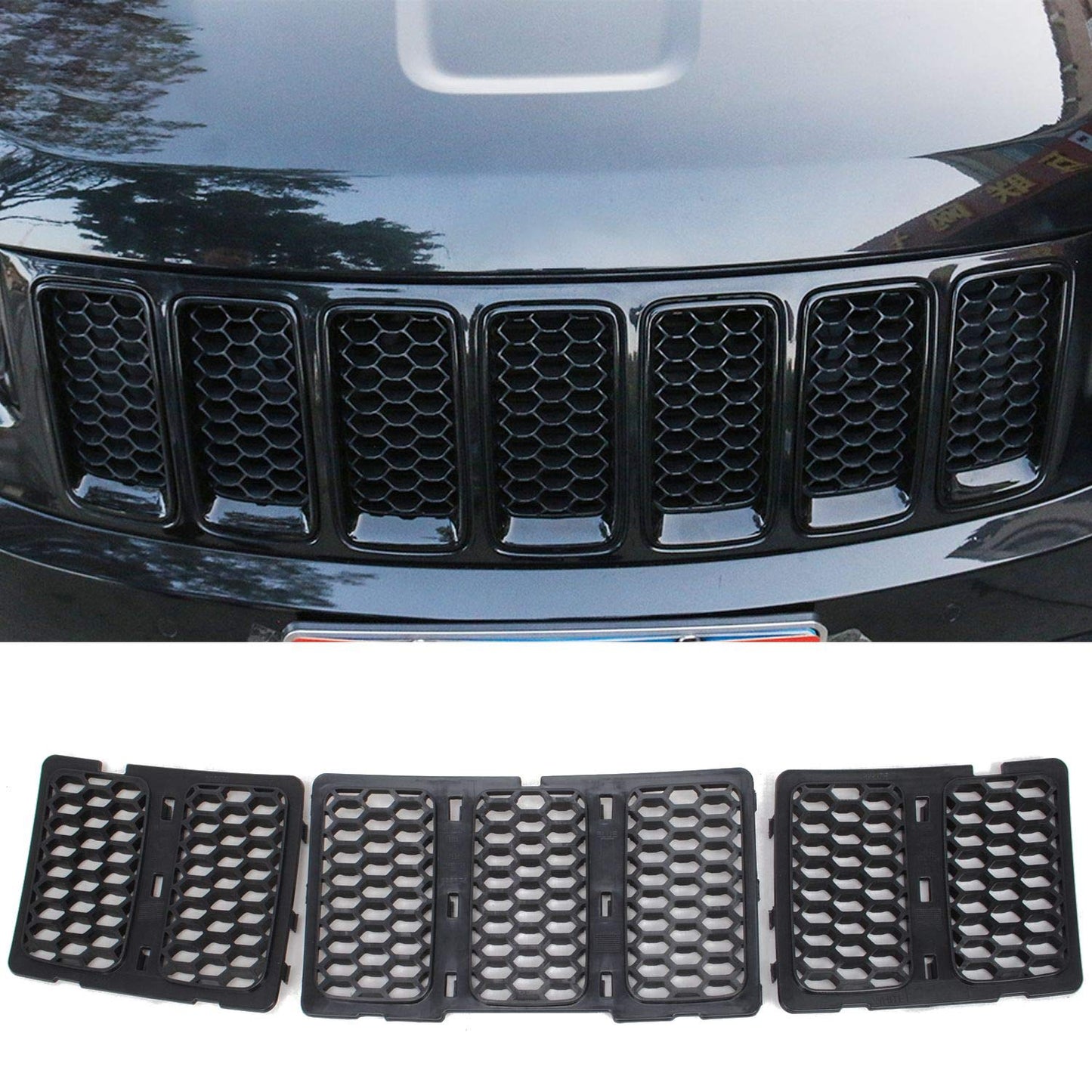 CheroCar Black Front Grill Inserts Trim Honeycomb Mesh Grill Ring Cover Kit Fits Jeep Grand Cherokee 2014-2016, Exterior Decoration Accessories, 3Pack…